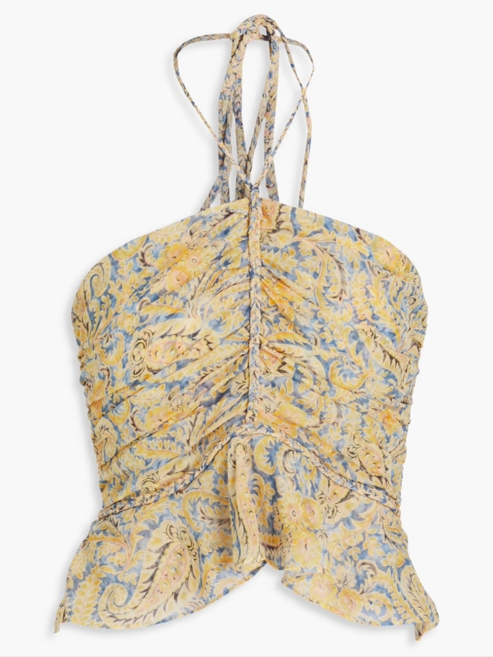 Veronica Beard Arienne Ruched Paisley Chiffon Halterneck Top Yellow Blue 14 NWT